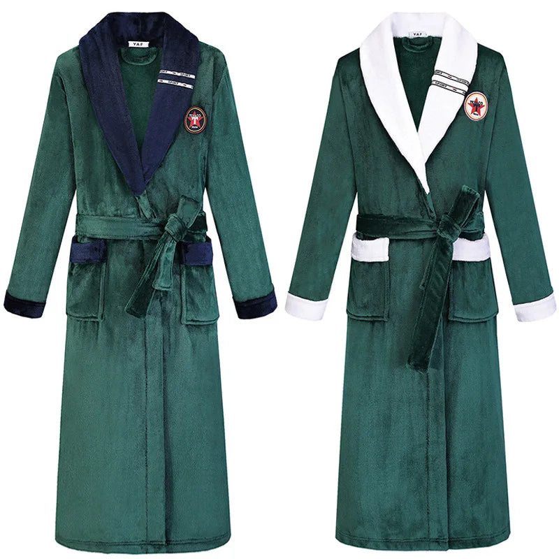 Men's Robe Long Sleeves Luxury Home Nightgown Royalblue Coral Bathrobe