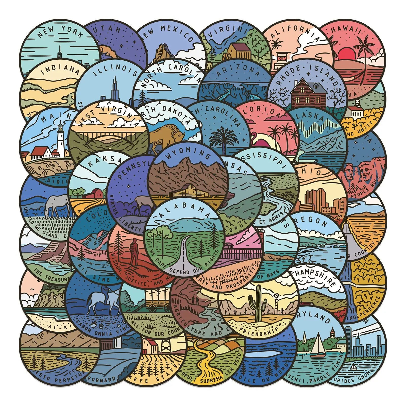 50Pcs Circular US Map Outdoor Scenery Graffiti Stickers for Car Bottle Waterproof America States Sticker