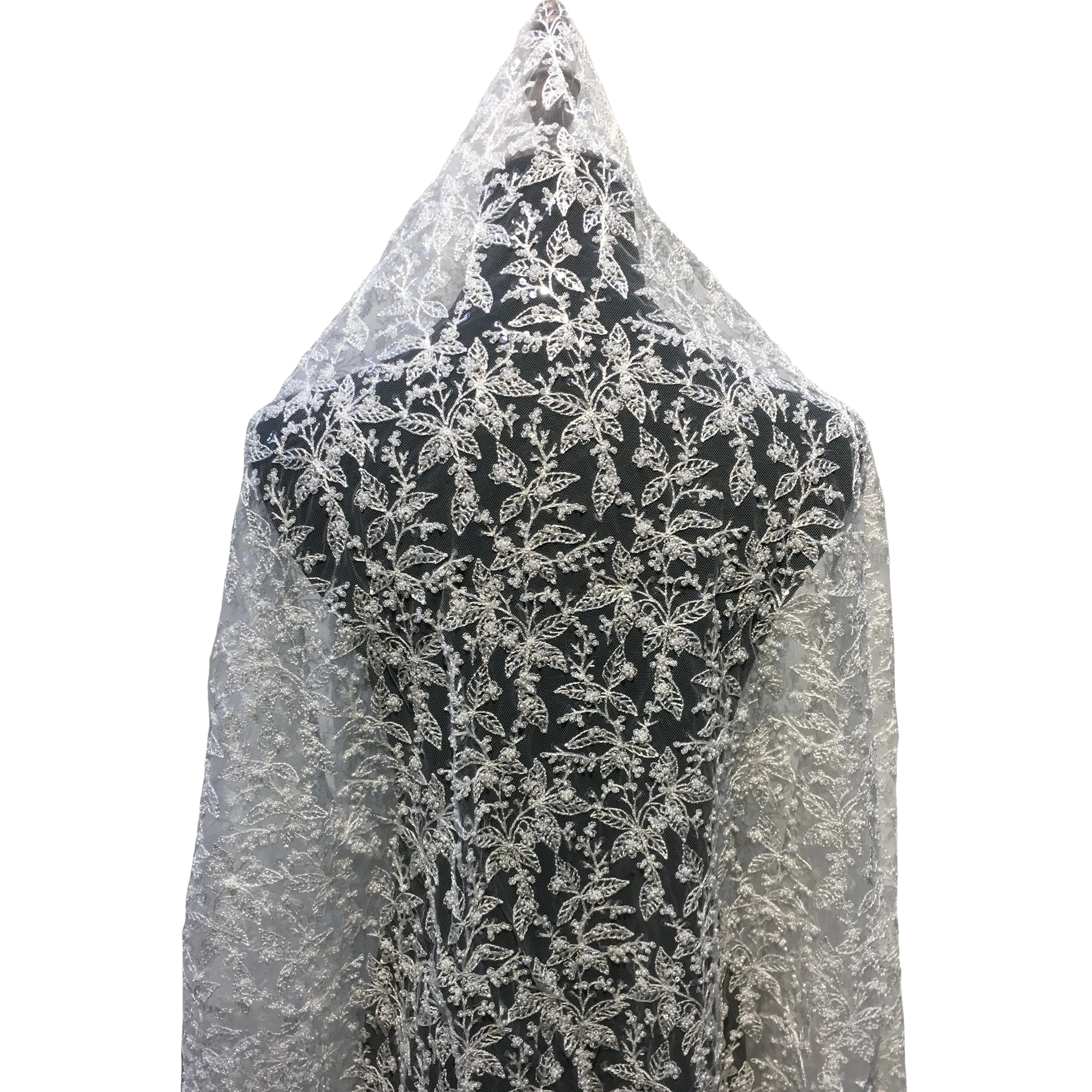White French Net Lace Fabric Embroidery Leaves Pattern Handmade Sequin Beaded Lace Fabric for Wedding Dress