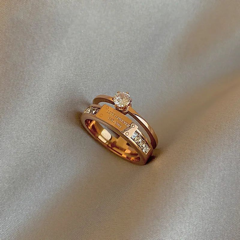 Fashion Zircon Stainless Steel Double Layer Ring Female Letter Ring Non Adjustable Lover Index Finger Ring for Women