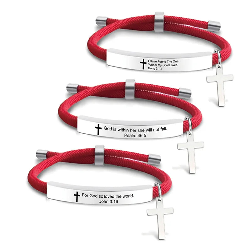 Ywganggu Stainless Steel Custom Adjustable Hand Woven Red Cross Bracelets for Men Women Rope Adjustable Charm Letter Bracelets