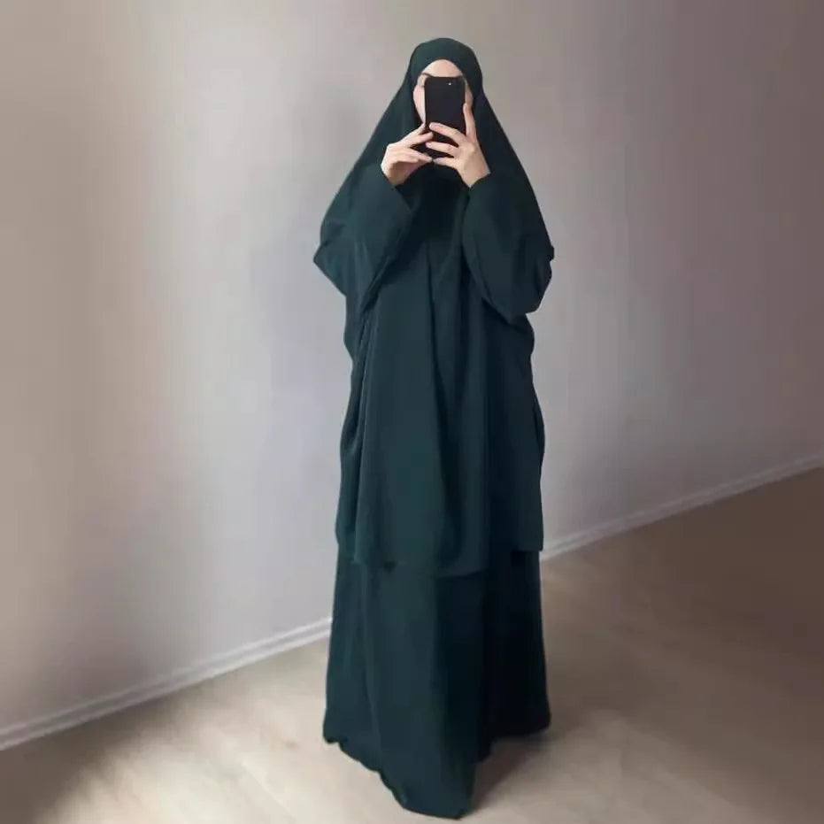 Ramadan Eid 2 Pieces With Skirt Long Khimar Set Muslim Women Prayer Garment Hooded Abaya Dubai Prayer Dress