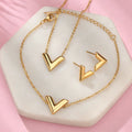 Fashion Brand V Letter Pendant Necklace for Woman Stainless Steel Women Necklace Bracelet Earring Set Female Costume Accessories