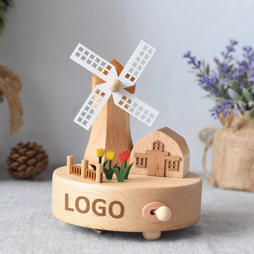Dutch Windmill Music Box Wind up Clockwork Beech Wood 18 Note Custom Logo Kids Gift Tabletop Decor Wholesale Supply MegaBDM