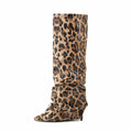 Fashion Trendy Western Winter Leopard Sequin Women's High Heel Knee-High Boots with Fleece Lining and Arch Support