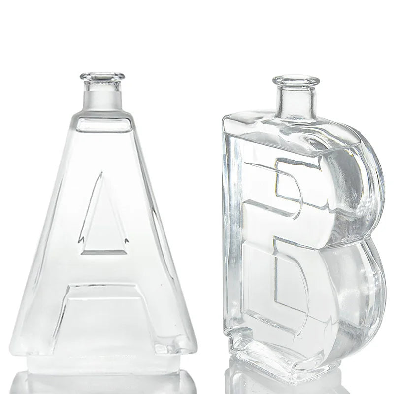 Price Letter Shape 500ml Empty Clear Glass Bottle for Spirits Vodka Whisky Botella De Vino Y Bebida Con Tapon Personalizado