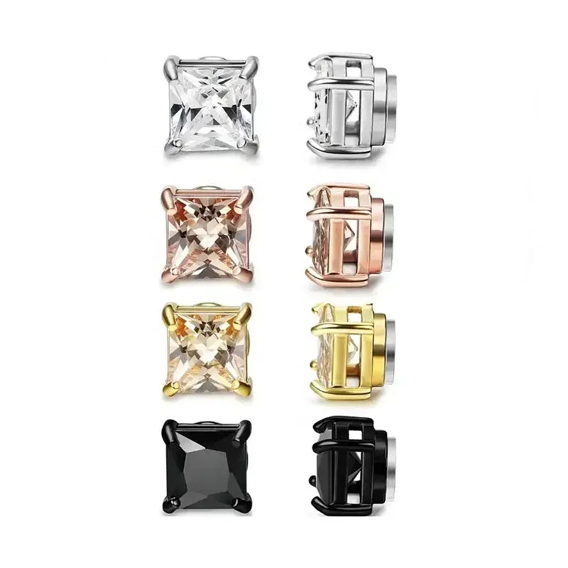 Square Crystal Cz Magnet Cuff Earrings Single Piece Stainless Steel Magnetic Zircon Ear Stud for Men and Women