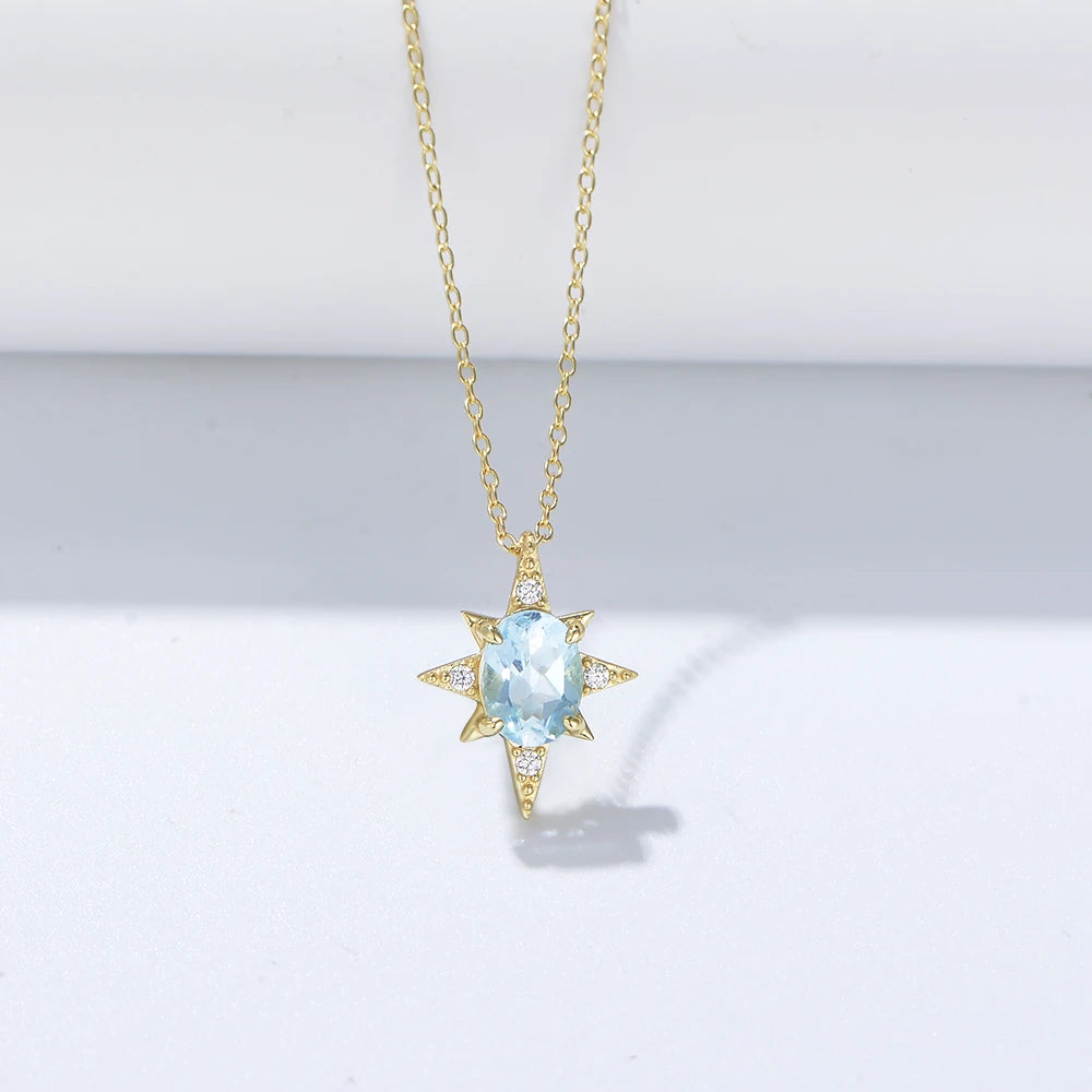 FULSUN 925 Sterling Silver Gemstone Eight Pointed Star Sun Link Chain Choker Oval Sky Blue Topaz Pendant Necklace