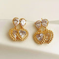 Maiou Vintage Designer Brass 14K Gold Plated Blingbling Zircon Cute Double Heart Drop Earrings for Women Jewelry