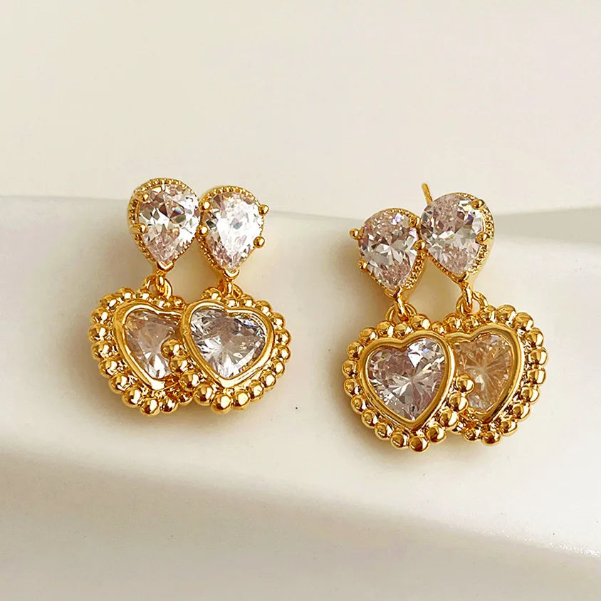 Maiou Vintage Designer Brass 14K Gold Plated Blingbling Zircon Cute Double Heart Drop Earrings for Women Jewelry