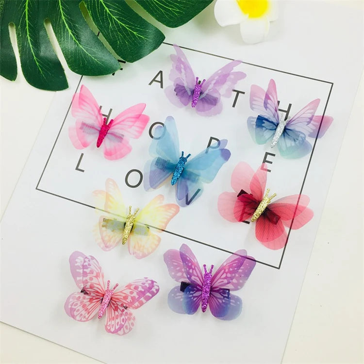 Colorful Double Layer 6 Cm Butterfly Fancy Hair Clips Hairpins Mesh Fabric Barrettes Alligator for Kids Baby Gir