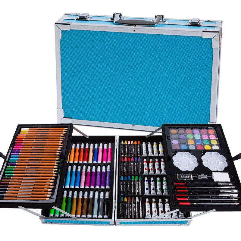 Good Quality Double Aluminum Box Kids Painting Set Primary 141PCS Students' Watercolor Stroke Tool Gift Box