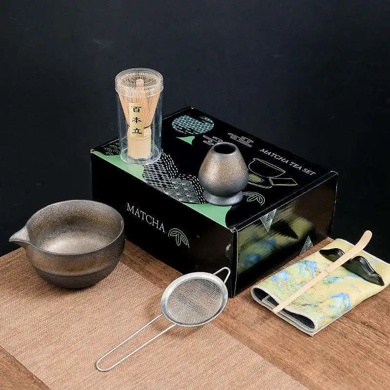 Custom Logo 7 PCS Whisk and Bowl Stainless Steel Sifter Spout Measuring Spoon Japanese Tea Making Tools Matcha Kit Set