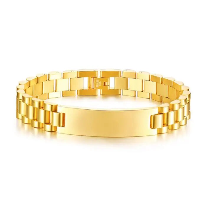 Fashion Stainless Steel Jewelry Custom Blanks Engravable Bar Gold Plated Watchband Strap Watch Band Link Chain Bracelet Man