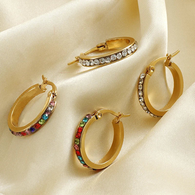 Fashion Trendy Waterproof Stainless Steel Gold Plated Stud Colorful Zircon Earrings Women's Jewelry Wedding Party Gift