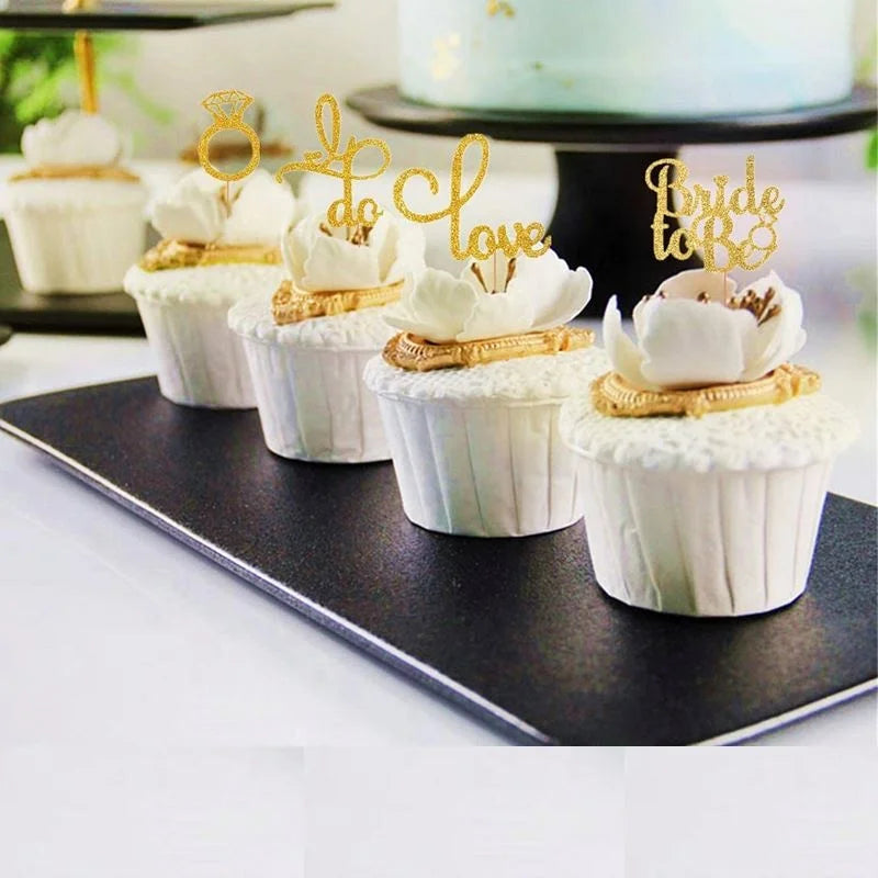 New Gold Love Bridetobe Diamond Ring Cake with Flag Wedding Party Dessert Table Decoration Cake Topper