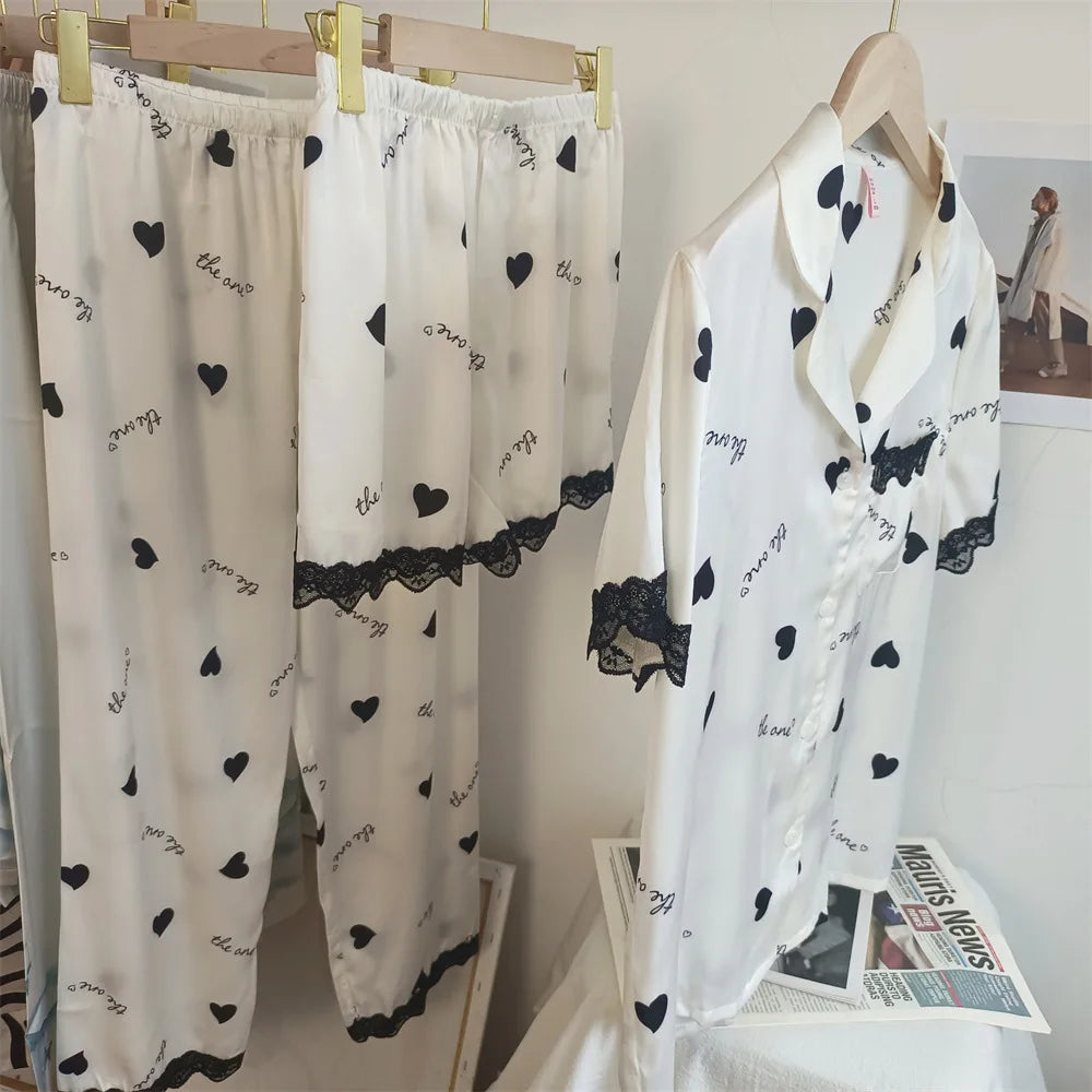 Simple Love Print Silk Pajamas Loungewear Women Sets Short Sleeve Three Piece Set Satin Pajamas