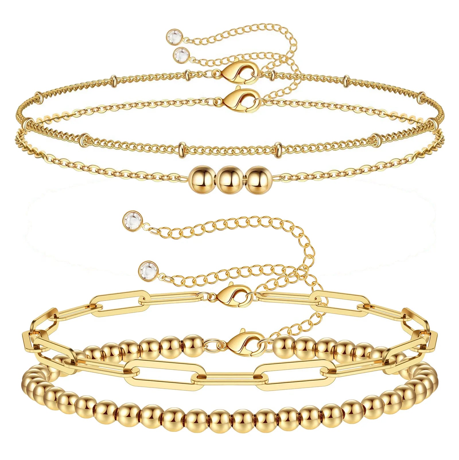 2pcs Double Layer Paperclip Chain Beaded Bracelet Set 18k Gold Plated Cable Chain Stainless Steel Layered Bracelet