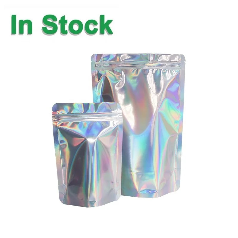 Smell Proof Stand up Laser Holographic Rainbow Aluminum Foil Food Storage Resealable Ziplock Doypack Pouch Bags
