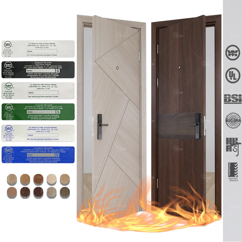 Dubai Standard Custom Fire Rating Wood Door BS 476 Certified Resort Hotel Door Interior Soundproof Fireproof 60 Minute