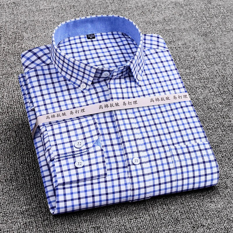 Mens Striped Plaid Oxford Spinning Casual Long Sleeve Shirt Comfortable Breathable Collar Button Design Slim Male Business Dress