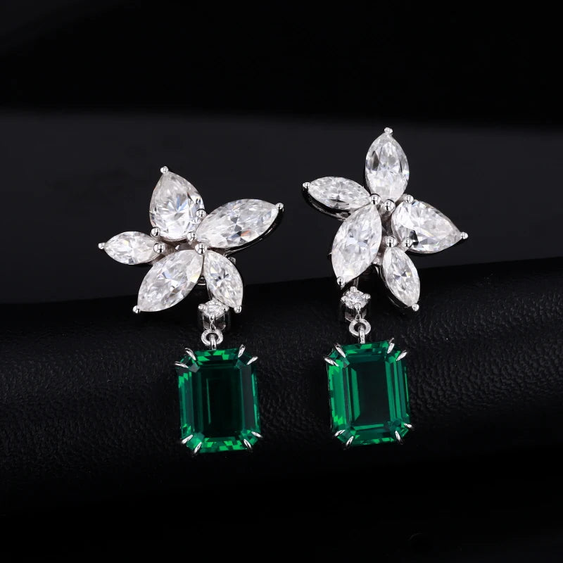 Starsgem Lab Emerald Gemstone and Marquise DEF Moissanite Dainty 14K Yellow Gold Drop Earrings