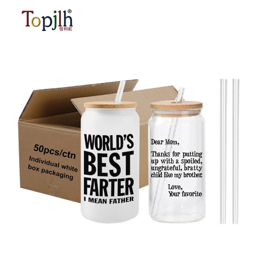 Topjlh Sublimation Clear and Frosted Glass Mug 12oz 16oz Blank Customized Printing Beer Glass Can With Bamboo Lid for Printing