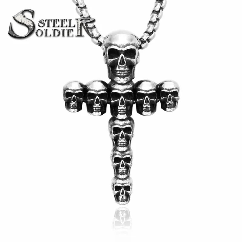 SS8-479P Steel Soldier Stainless Steel Cross Skull Pendant Chain Necklace Men Punk Cross Biker Jewelry