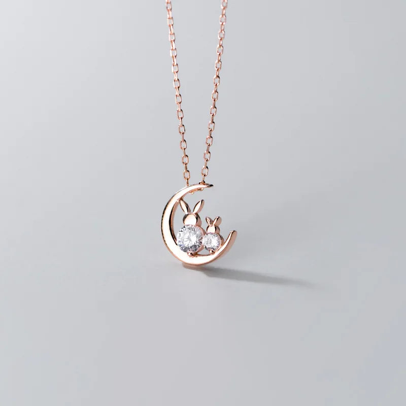 925 Sterling Silver Half Moon Pendant Necklace Trendy Cubic Zirconia Cute Animal Rabbit Shape Necklaces for Women
