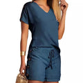 Summer Women's Suit Two Piece Set Fashion Buttoned V-Neck T-shirt & Casual Drawstring Shorts Set Female Clothing Outfits New