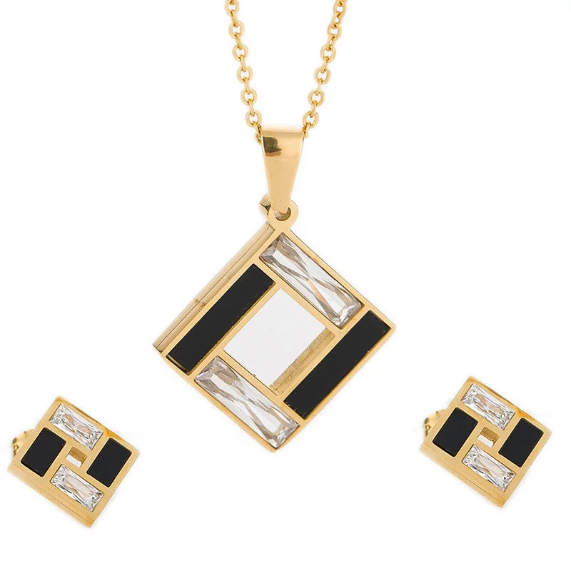 316L Stainless Steel Necklace and Earring Set Jewelry Black and Clear Crystal Cross Earring Necklace Wedding Jewelry for Women