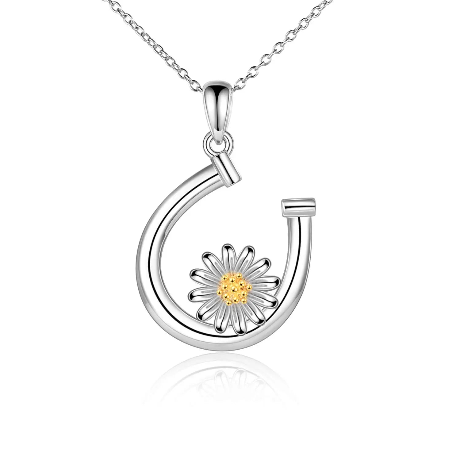 Fashion Jewelry 925 Sterling Silver Two Tone Daisy Flower Horseshoe Pendant Necklace