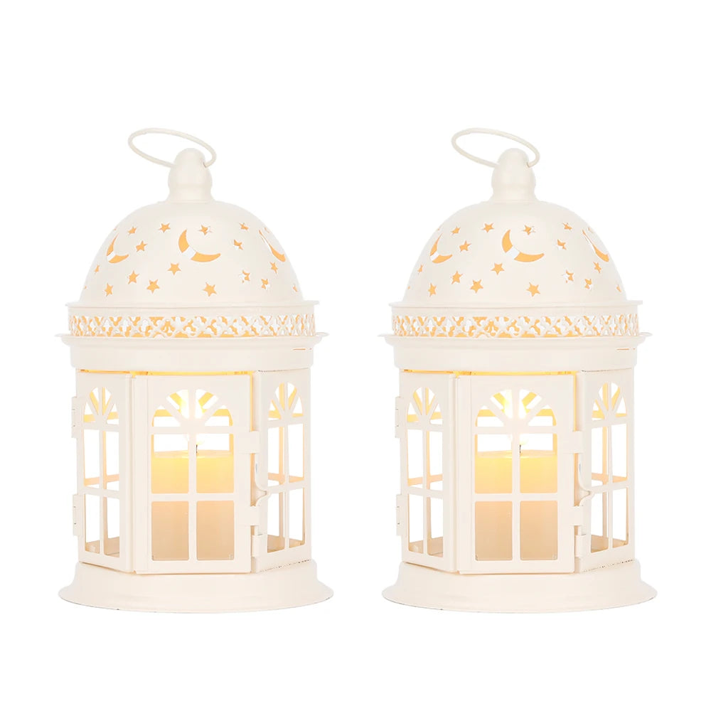 RTS US Stocks Set of 2 Home Decorative Wedding Lanterns 8.5 Inch White Vintage Style Hanging Lantern Metal Candle Holder
