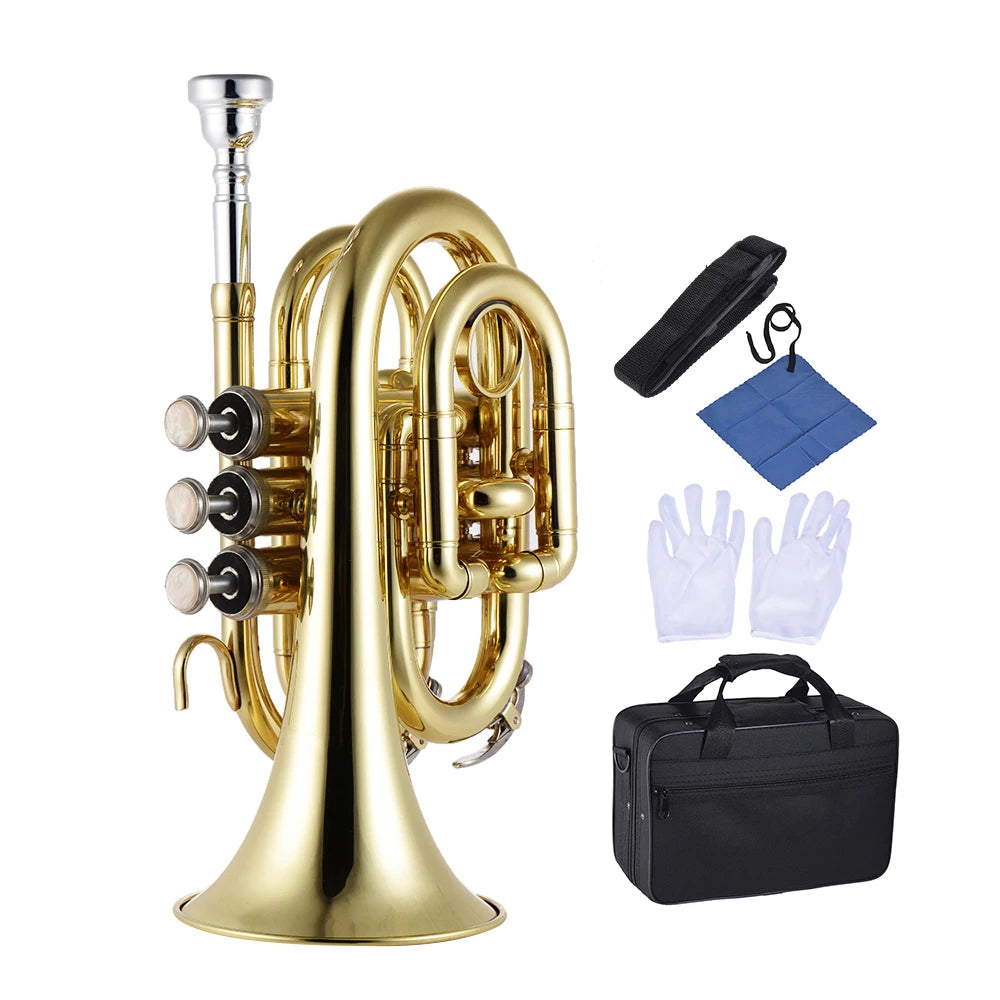 Mini Pocket Trumpet Bb Flat Brass Wind Instrument with Mouthpiece Gloves Cleaning Cloth Carrying Case