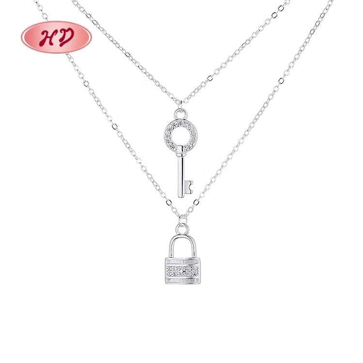 Keys and Locks Double-Stranded Sterling Silver for Women Fashion Jewelry Pendent Necklaces