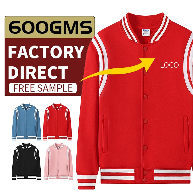 Pure Cotton Eco-friendly Soft Fabric Men's Sport Jackets With Fleece Inner Students Baseball Sweatshirts