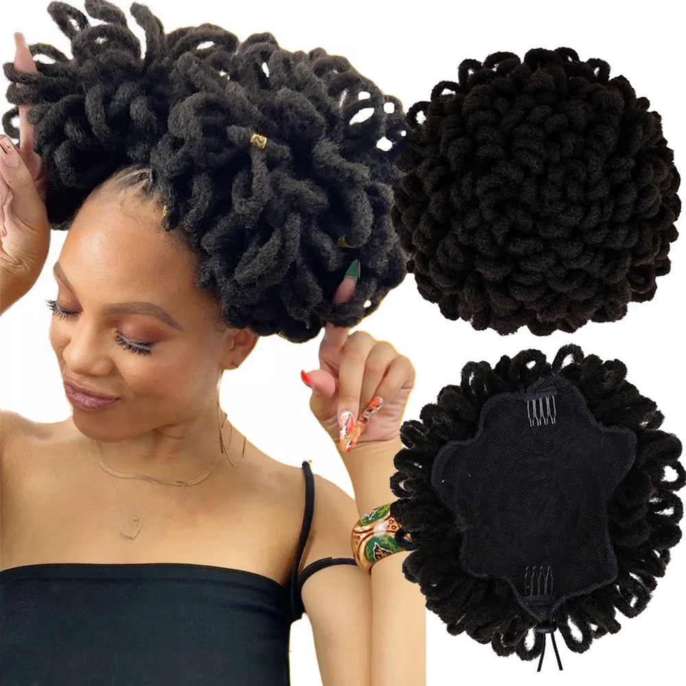 AliLeader Large Chignon Synthetic Hair Bun Pony Tail Hairpieces Dreadlocks Afro High Puff Drawstring Faux Locs Hair Bun