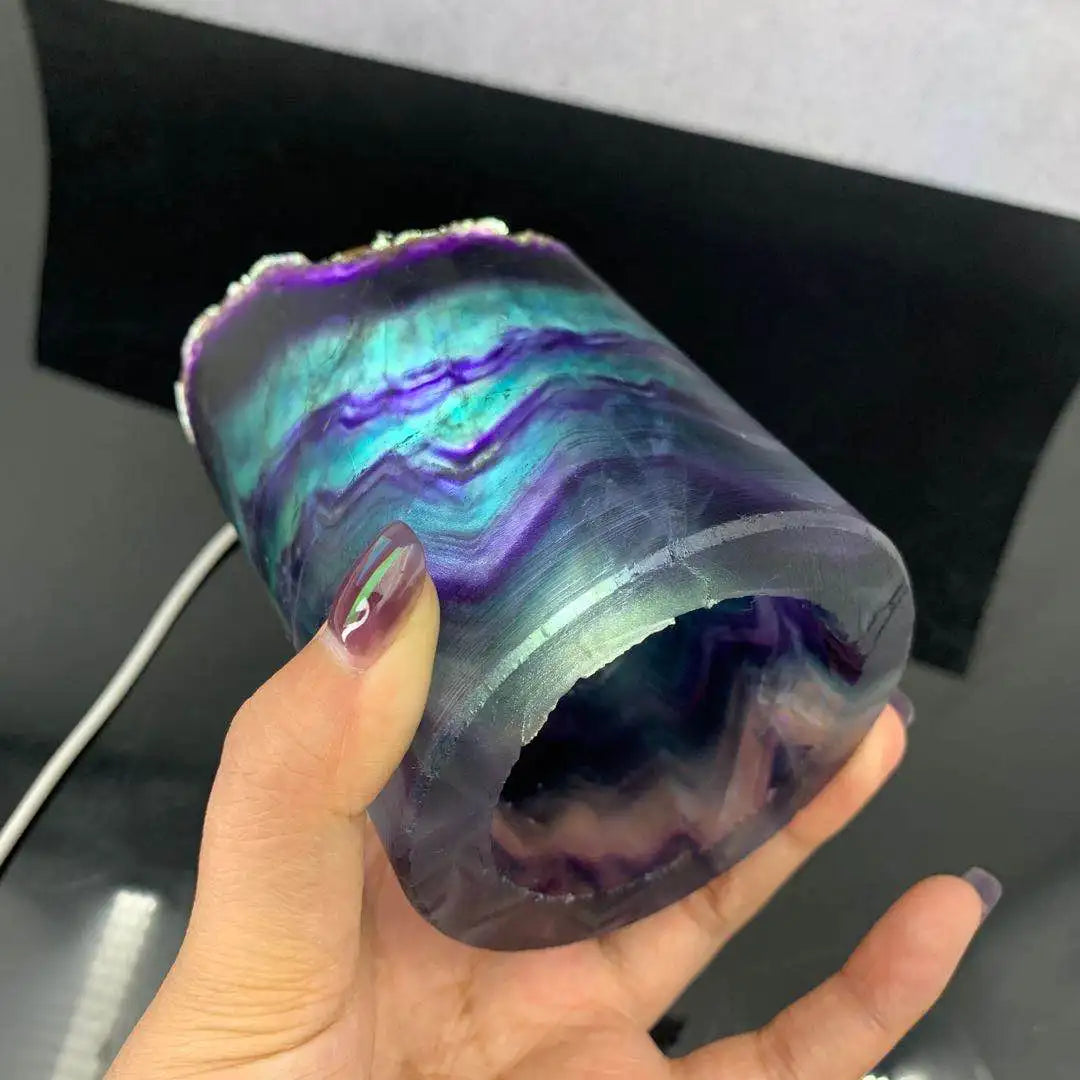 Wholesale Natural Crystal Polished Rainbow Fluorite Lamp Cylinder Fengshui Reiki Crystals Trophy Healing Stones Custom Carved