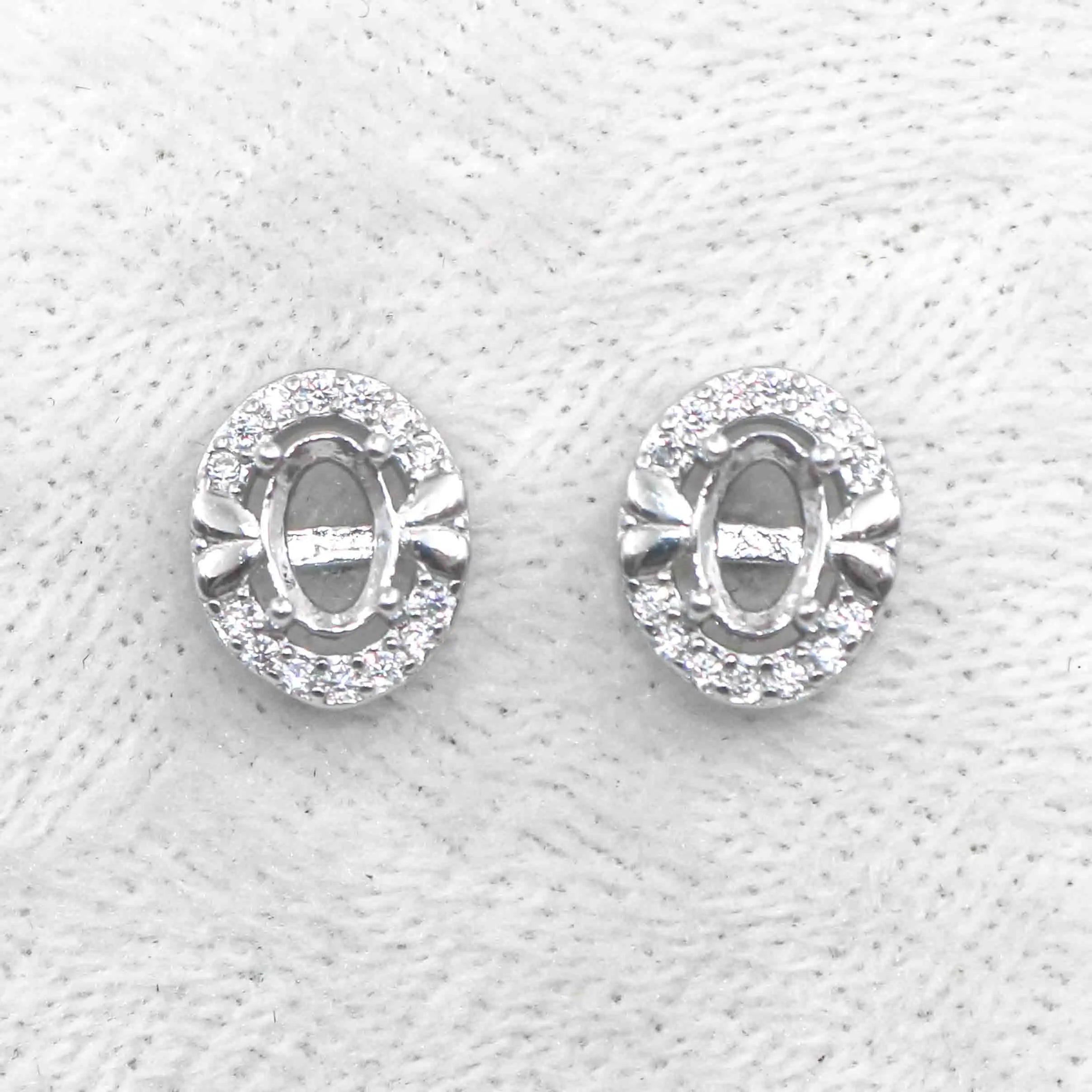 Sterling Silver 4*6mm Semi Mount Stud Earrings Empty Support Blank Claws Setting S925 Base Without Center Stone for DIY Inlay