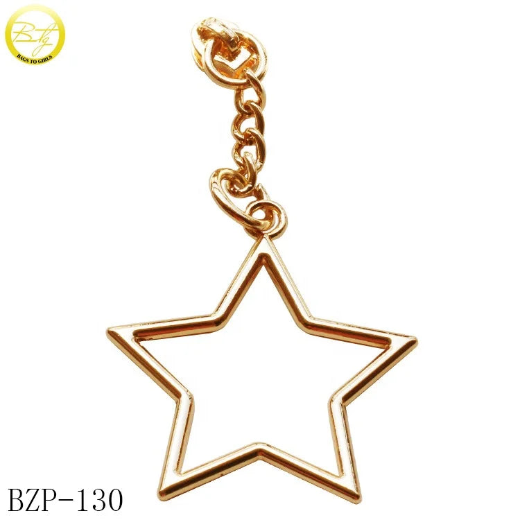 Custom Bags Hollow Star Shape Puller Charms Decoration Gold logo Reflective Zip Puller with Chain