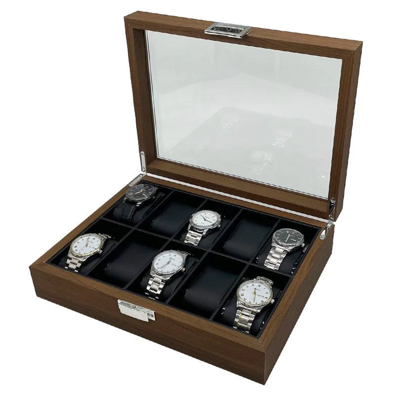 Luxury Eco-Friendly Dustproof Black Walnut Wood Design 10 Slot Watch Display Storage Box with PU Leather Cushions