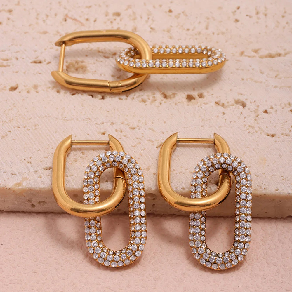 Personalized Hollow Oval Drop Earrings Bling Geometric Full Zircon Pendant Earrings Detachable Gold-plated Earrings