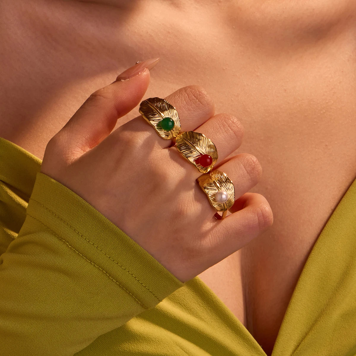 New Trendy Wholesale Leaf Design Fashion Jewelry Stainless Steel Gemstone Agate Jewelry Rings for Women Finger Rings