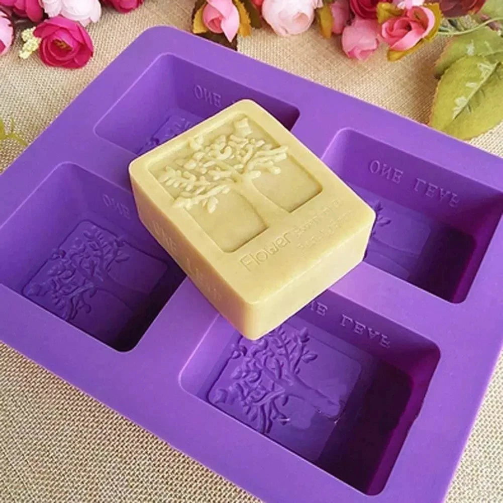 Happy Tree Eco-Friendly Silicone Soap Mold 4-Cavity Square Shape 20.5x16.5x3.5cm DIY Homemade Kitchen Use OPP Bag