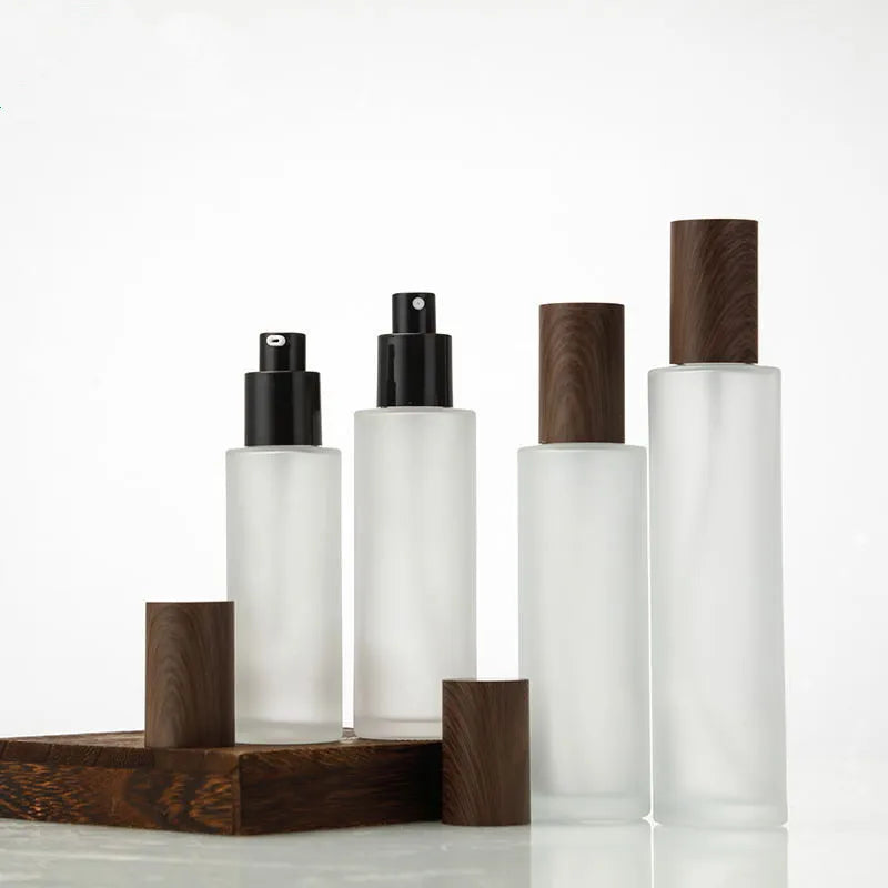 In Stock Wood Lid Fine Mist Frost Flat Shoulder Cosmetic Spray Bottle 30ml 50ml 60ml 100ml Glass Perfume Spray Bottle