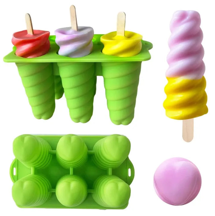 6 Cavity Love Rotating Ice Cream Mould Food Grade Silicone Mold with Lid with Wooden Stick Stripe Shaped Popsicle Ice Cream Tool