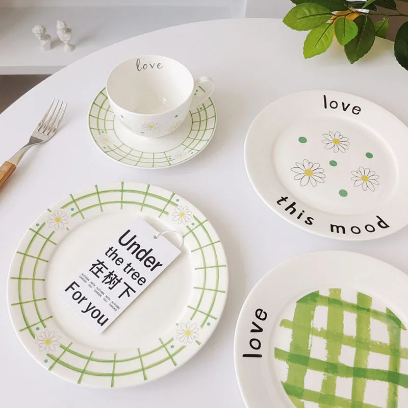 Solhui Simple White Ceramic Dessert Cake Plate Hand Painted Creative 8 Inch Lattice Flower Ceramic Salad Plate