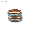 8mm Polished Domed Triple Channel Rose Gold Tungsten Ring With Wood Crushed Blue Opal Inlay