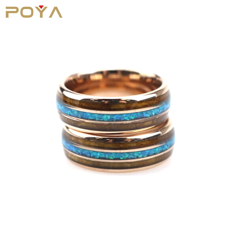 8mm Polished Domed Triple Channel Rose Gold Tungsten Ring With Wood Crushed Blue Opal Inlay