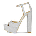 Latest Ladies Ankle Strap Silver Glitter Bridal Shoes Open Toe Chunky Heel Platforms High Heels Sandals Wedding for Women